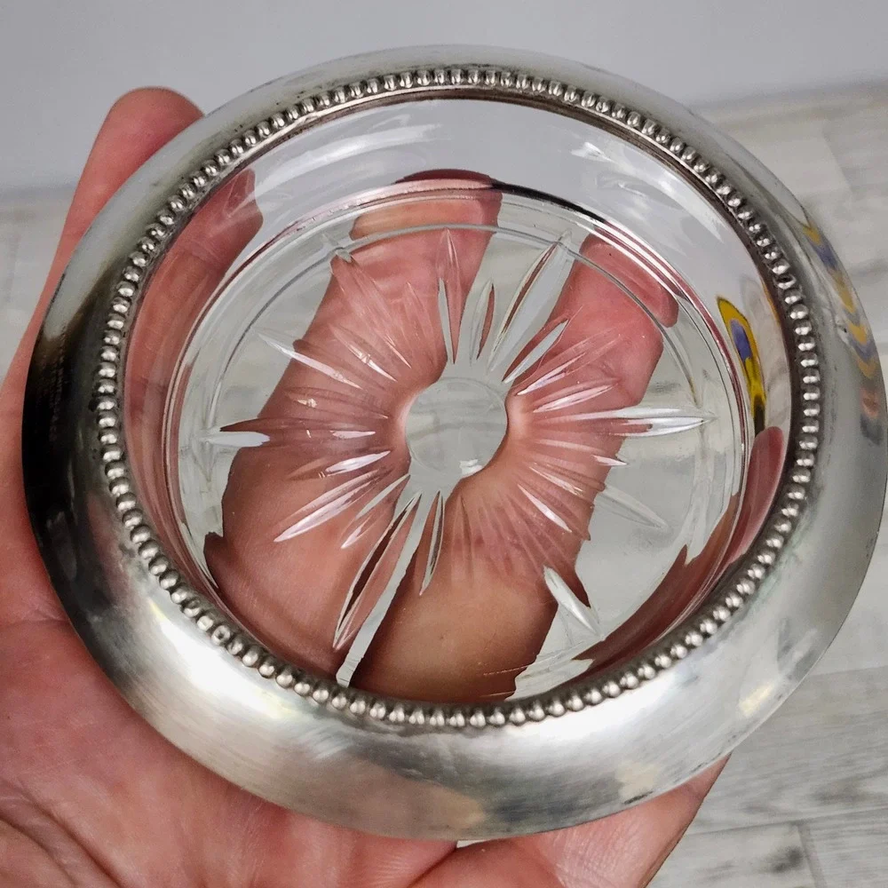 Vintage Frank M Whiting Sterling Silver Glass Coaster Starburst  Number 04
